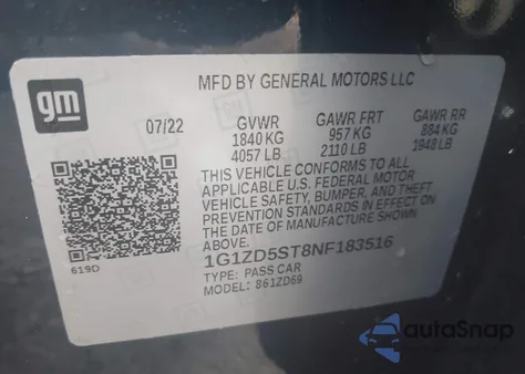 2022 Chevrolet Malibu Lt из США, поврежденный, VIN 1G1ZD5ST8NF183516